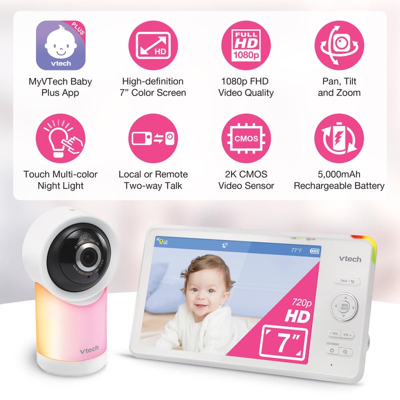 VTech Smart WiFi 7â€ HD Display Video Baby Monitor, 1080p HD Camera via App, Pan-Tilt-Zoom, Night Light, 2-Way Talk, 2K CMOS Video Sensor, Wide-Angle Viewing, Rechargeable Battery, Free App: RM7866HD - Image 2