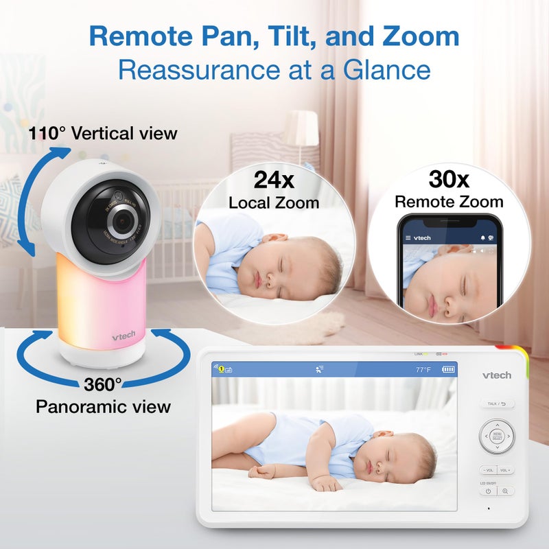 VTech Smart WiFi 7â€ HD Display Video Baby Monitor, 1080p HD Camera via App, Pan-Tilt-Zoom, Night Light, 2-Way Talk, 2K CMOS Video Sensor, Wide-Angle Viewing, Rechargeable Battery, Free App: RM7866HD - Image 5