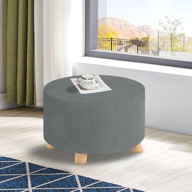 MAXIJIN Velvet Ottoman Cover - Round Slipcover Washable Foot Stool Cover Thick Storage Footrest Protector with Elastic Bottom (Large, Light Grey) - Image 2