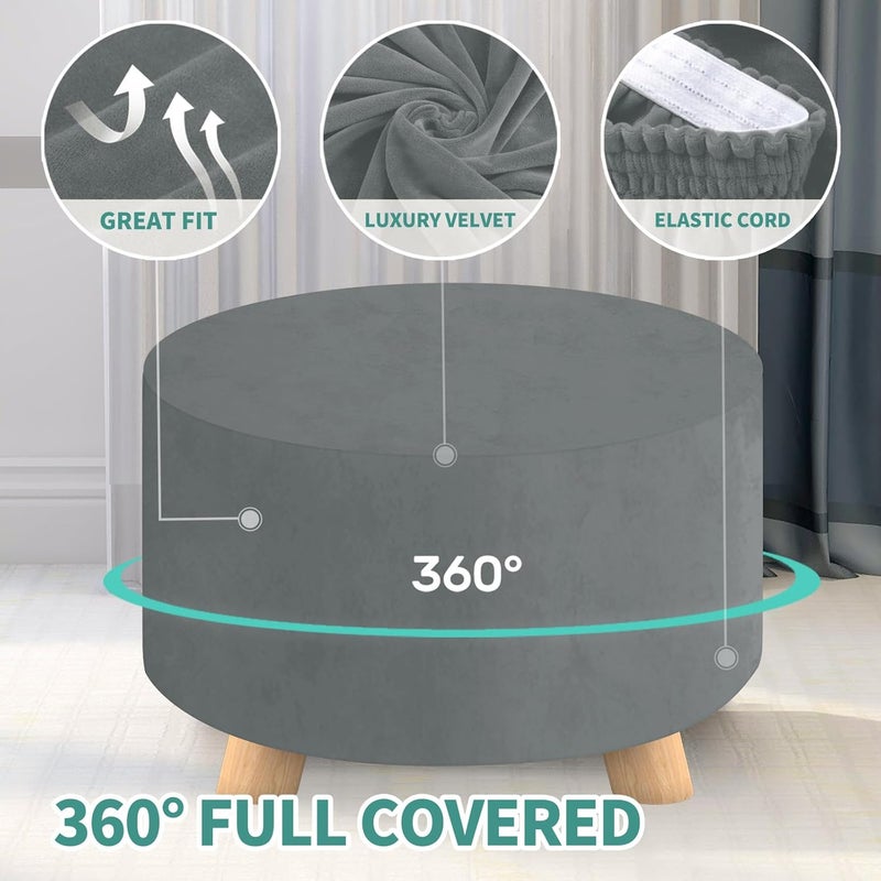 MAXIJIN Velvet Ottoman Cover - Round Slipcover Washable Foot Stool Cover Thick Storage Footrest Protector with Elastic Bottom (Large, Light Grey) - Image 4