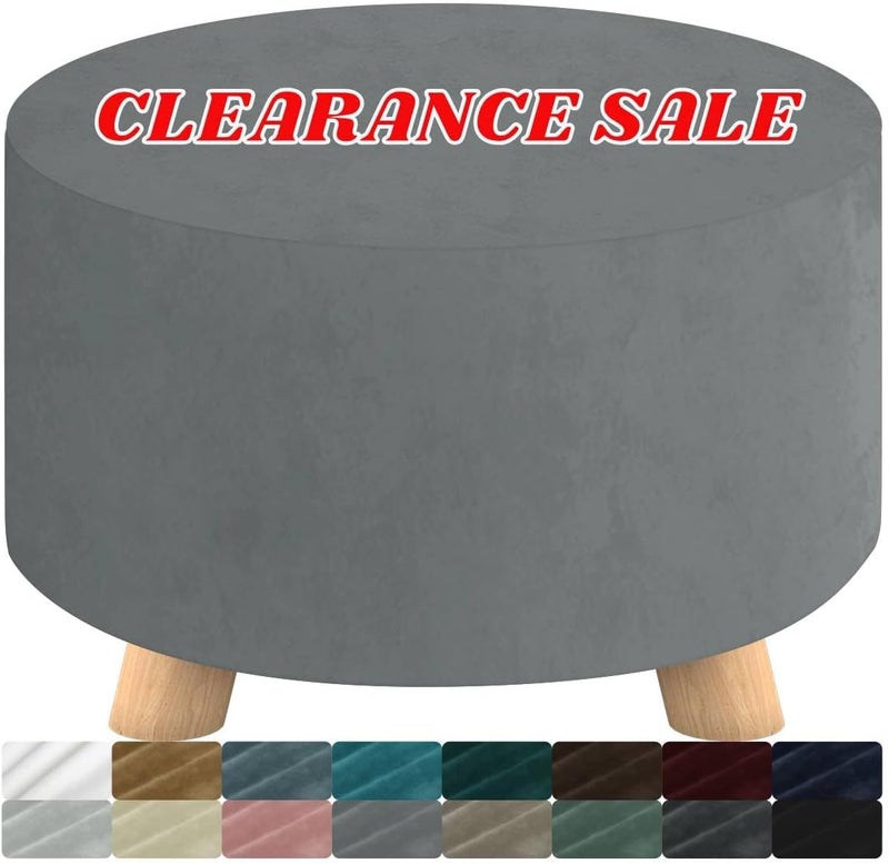 MAXIJIN Velvet Ottoman Cover - Round Slipcover Washable Foot Stool Cover Thick Storage Footrest Protector with Elastic Bottom (Large, Light Grey) - Image 1