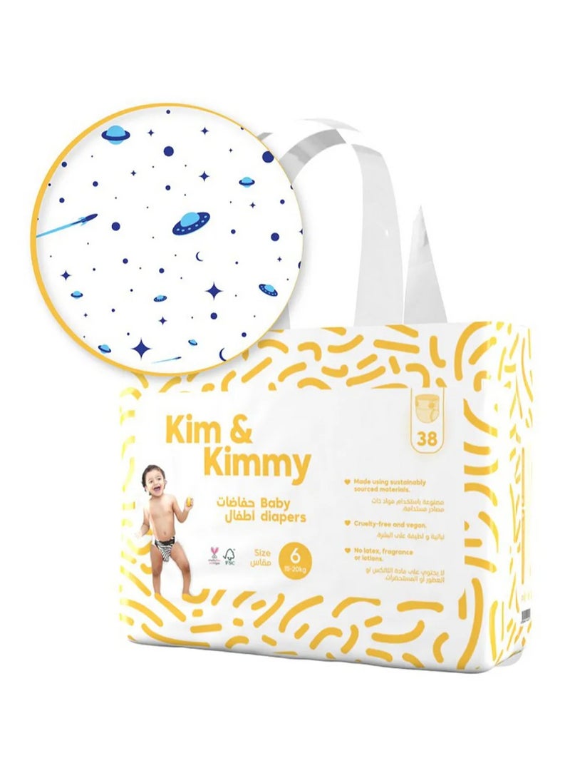 Kim & Kimmy Space Travel Tape Style Diapers, 38 Pieces, Size 6, 15 To 20kg - Ultra Thin and Soft, Leak Protection - Image 1