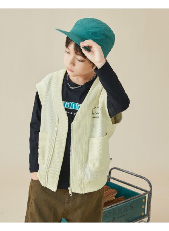 Waffle Knit Vest 2025 Spring/autumn Embroidered Retro Sleeveless Cardigan, V-neck Children's Vest - Image 1