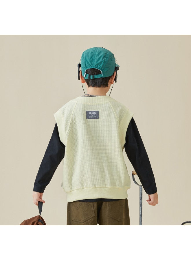 Waffle Knit Vest 2025 Spring/autumn Embroidered Retro Sleeveless Cardigan, V-neck Children's Vest - Image 5