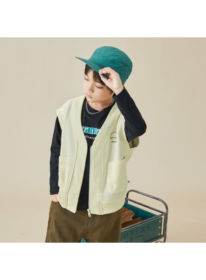 Waffle Knit Vest 2025 Spring/autumn Embroidered Retro Sleeveless Cardigan, V-neck Children's Vest - Image 2