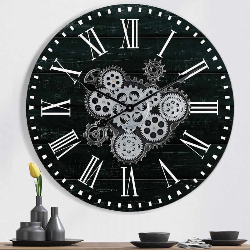 Lafocuse 23 Inch Wooden Large Wall Clock with Moving Gears Roman Numeral Black Unisex