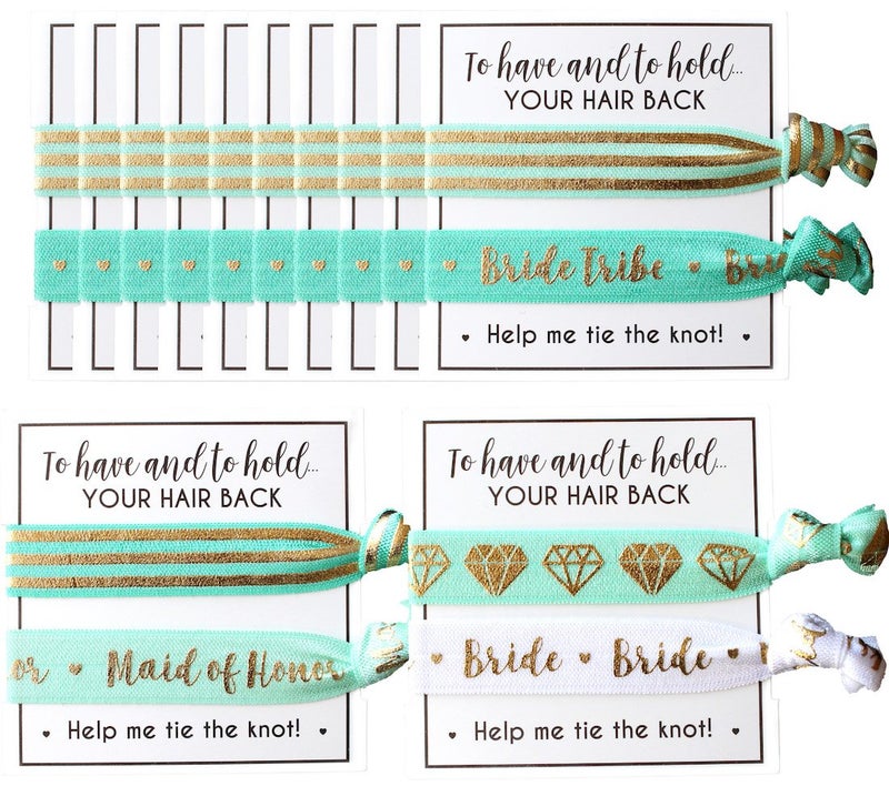 Bachelorette to Bride Bride Tribe Hair Tie Cards. to Have and to Hold, Your Hair Back. Help Me Tie The Knot. Bachelorette, Wedding Shower, Party Favors for Bridesmaids (Pack of 12, Mint & Gold) - Image 3