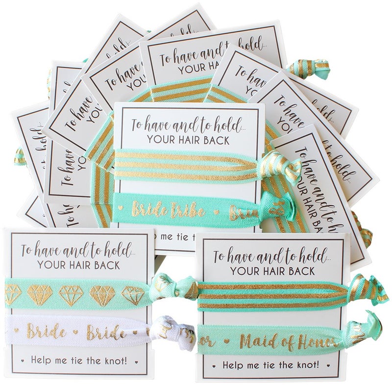 Bachelorette to Bride Bride Tribe Hair Tie Cards. to Have and to Hold, Your Hair Back. Help Me Tie The Knot. Bachelorette, Wedding Shower, Party Favors for Bridesmaids (Pack of 12, Mint & Gold) - Image 5