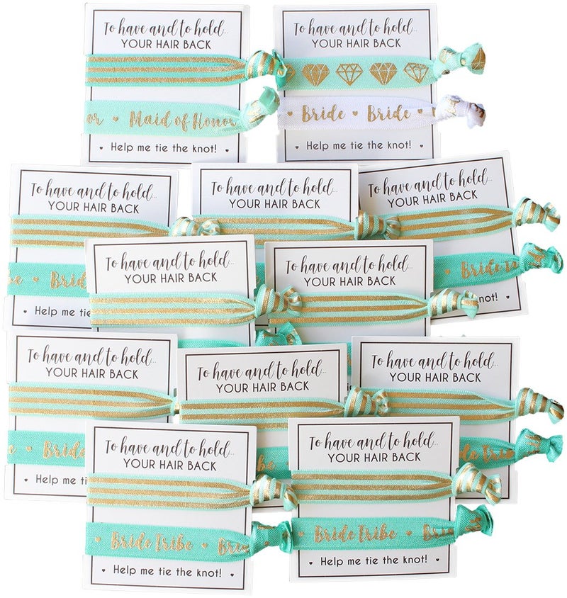 Bachelorette to Bride Bride Tribe Hair Tie Cards. to Have and to Hold, Your Hair Back. Help Me Tie The Knot. Bachelorette, Wedding Shower, Party Favors for Bridesmaids (Pack of 12, Mint & Gold) - Image 4