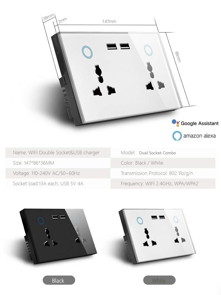 Protium Smart Touch Combo Switch, WiFi Switch Compatible with Alexa, Google Home, IFTTT & Smart life App (Dual Socket+ Dual USB, White) - Image 3
