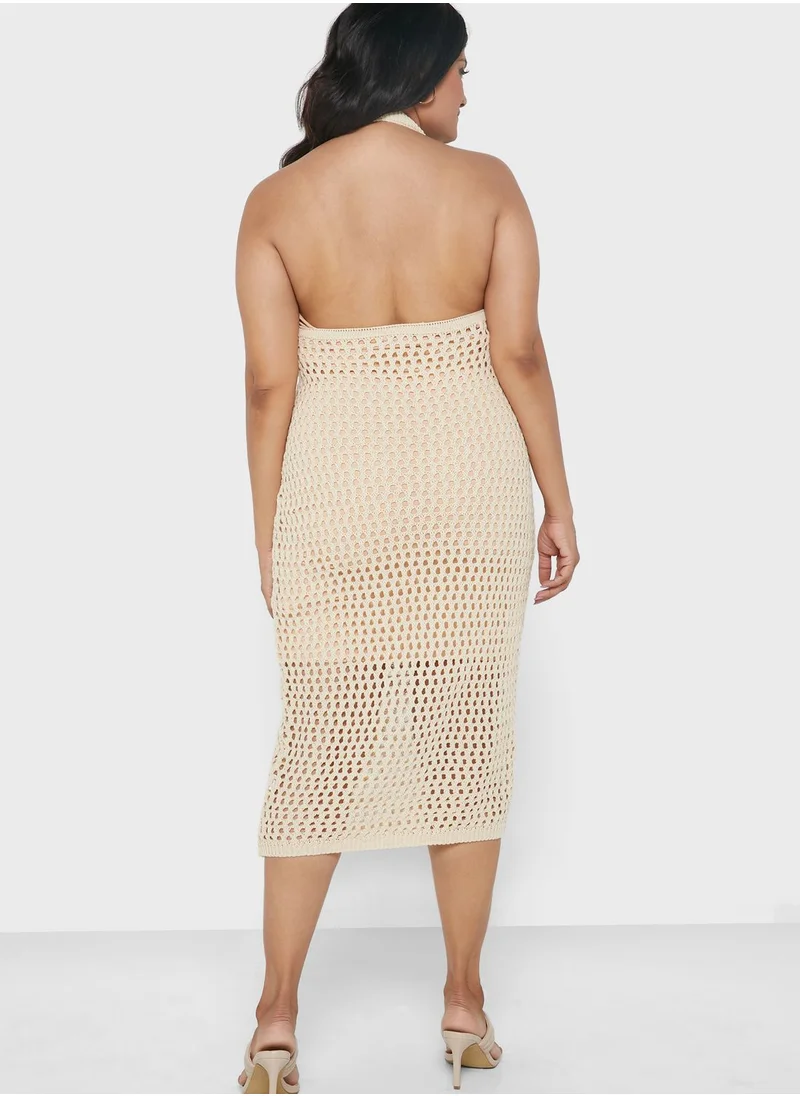 I Saw It First Curve Stone Plus Size Halter Neck Crochet Midi Dress