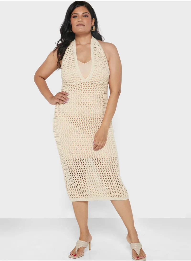 I Saw It First Curve Stone Plus Size Halter Neck Crochet Midi Dress