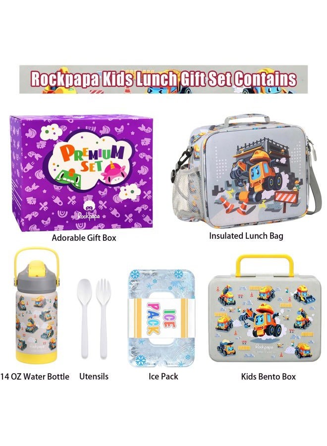 rockpapa صندوق غداء بنتو بخمسة أقسام مع حزمة ثلج للأطفال مع أدوات وشوكة وعبوة ماء معزولة وحقيبة غداء، مجموعة حاويات غداء خالية من BPA للأولاد والبنات من عمر 3 سنوات فما فوق (شاحنات بناء رمادية) - Image 2