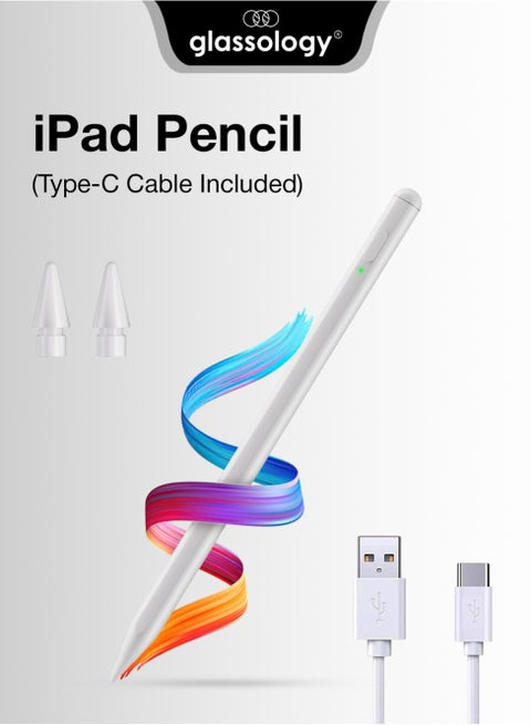 Stylus Pen for iPad with Pixel Perfect Precision USB C Fast Charging Tilt Sensitivity Palm Rejection Magnetic Attachment and Perfect for Note Taking Drawing and Signing Documents Compatible with all iPad White