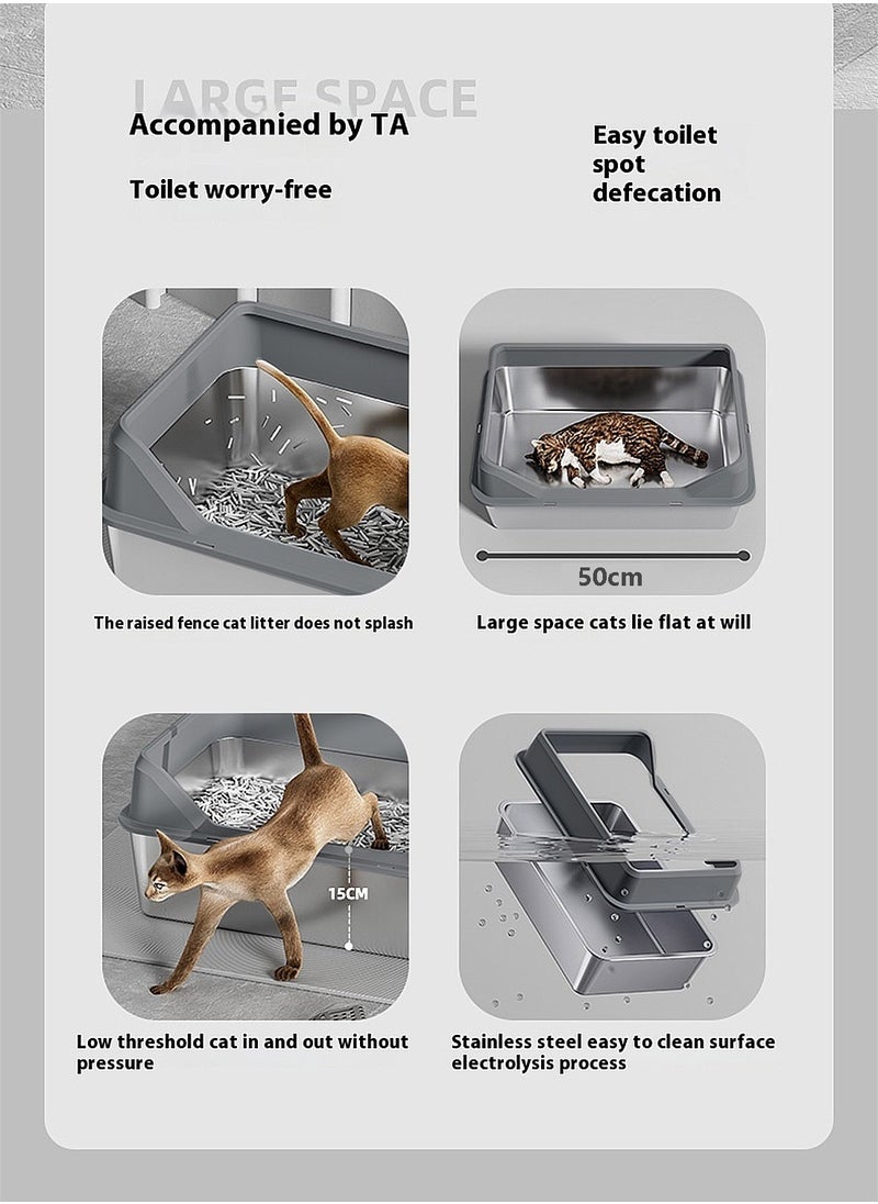 Kidle Stainless Steel Pet Cat Litter Box Metal Large Capacity Cat Litter Box Tray With High Wall Semi-Enclosed Side Door 50*35*15cm  - Image 2