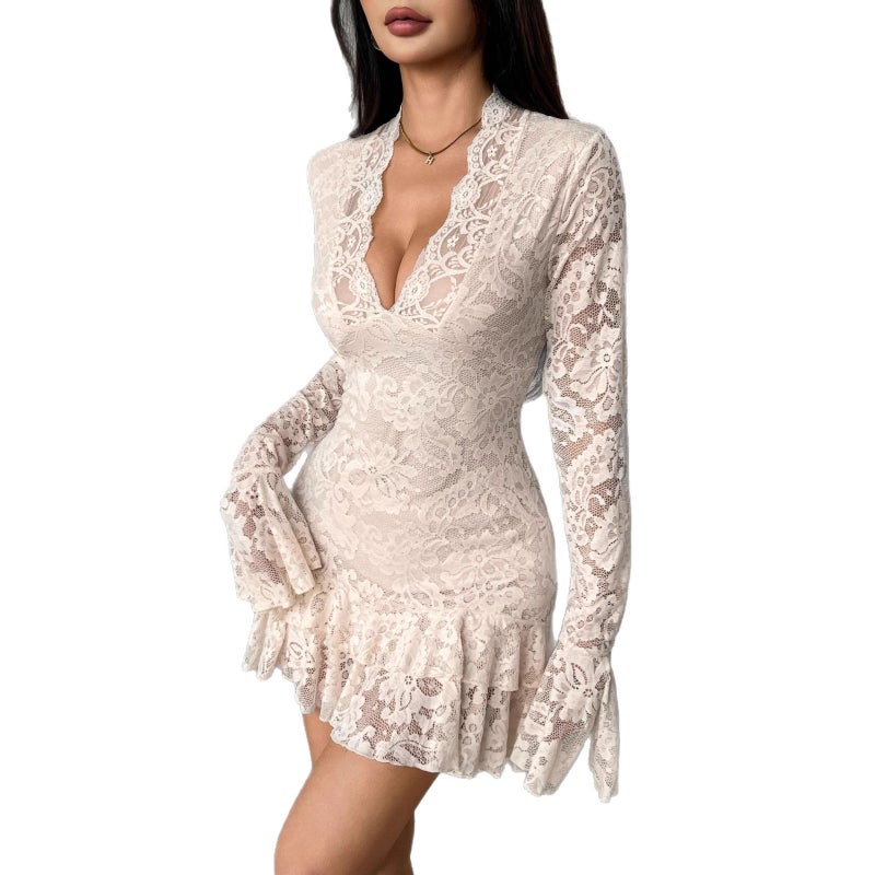 2025 Autumn Lace V-Neck Double Ruffle Bodycon Dress - Image 5