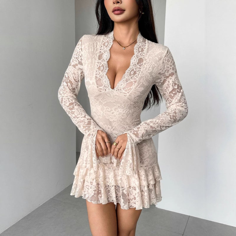 2025 Autumn Lace V-Neck Double Ruffle Bodycon Dress - Image 4
