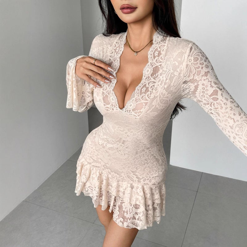 2025 Autumn Lace V-Neck Double Ruffle Bodycon Dress - Image 1