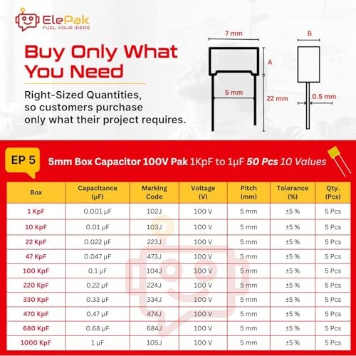 ElePak 5mm Box Capacitor - (50 Pcs)1KpF to 1µF - 5% Tolerance, High Stability, Low ESR - 100 Volts - Electronic Components Kit - Ideal for Audio, Power, Timing Circuits - Yellow - Image 3