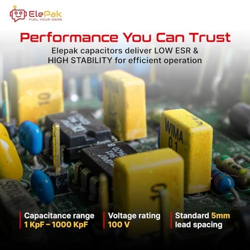 ElePak 5mm Box Capacitor - (50 Pcs)1KpF to 1µF - 5% Tolerance, High Stability, Low ESR - 100 Volts - Electronic Components Kit - Ideal for Audio, Power, Timing Circuits - Yellow - Image 4