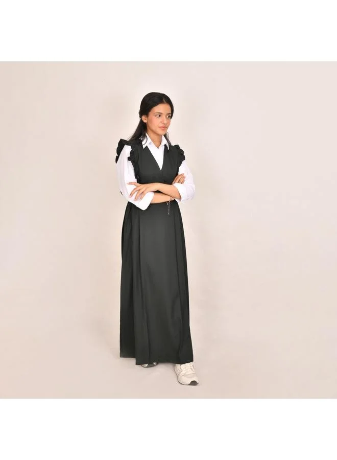 HAWRAA ABAYA مريول باللون الزيتي بكشكش عريض على الكتف وزم من الجانبين - متوسط