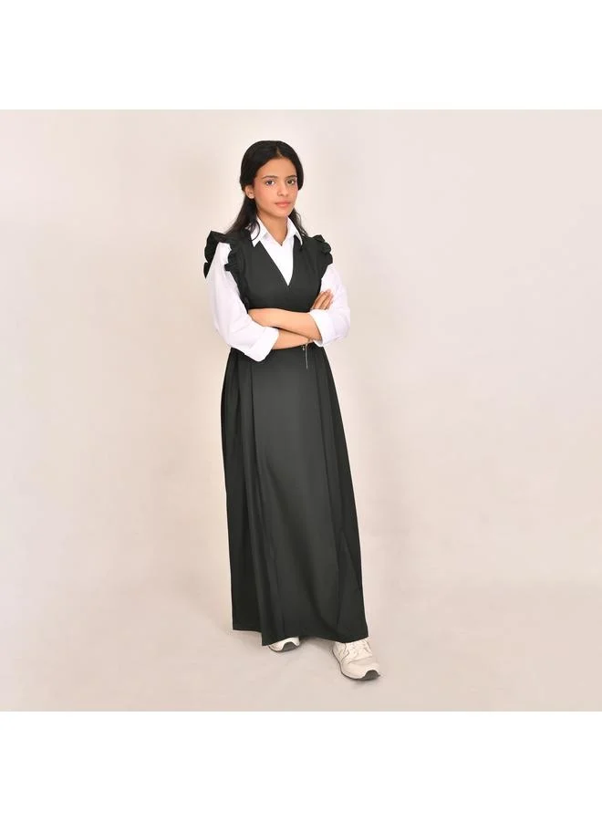 HAWRAA ABAYA مريول باللون الزيتي بكشكش عريض على الكتف وزم من الجانبين - متوسط