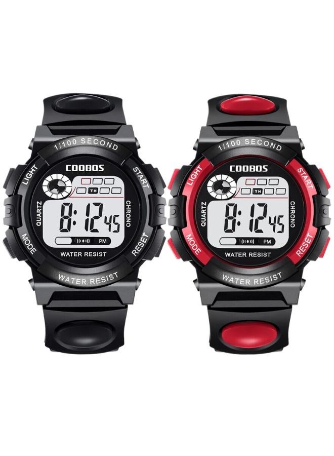 Coobos 2 PCS Children's Waterproof Rubber Digital Watch (Black/Red)  - Image 1