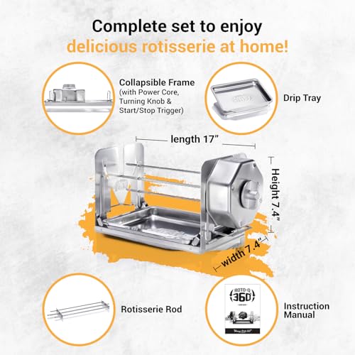 ROTO-Q 360 Cordless Universal Rotisserie Kit for Grills Ovens and Smokers - Non-Electric Wind-up Spit Roaster, Gas or Charcoal BBQ - Indoor/Outdoor (Stainless Steel) - Image 2