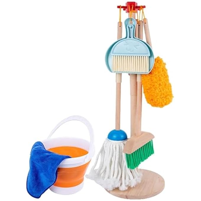 KIDS CLEANING TOY SET, 9 PIECE WOODEN DETACHABLE CHILDREN CLEANING TOYS - BROOM, MOP, DUSTER, BRUSH, DUSTPAN, BUCKET, DISH CLOTH, AND HANGING STAND HOUSEKEEPING KIT - Image 1