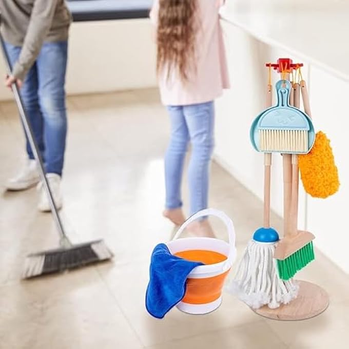 KIDS CLEANING TOY SET, 9 PIECE WOODEN DETACHABLE CHILDREN CLEANING TOYS - BROOM, MOP, DUSTER, BRUSH, DUSTPAN, BUCKET, DISH CLOTH, AND HANGING STAND HOUSEKEEPING KIT - Image 3
