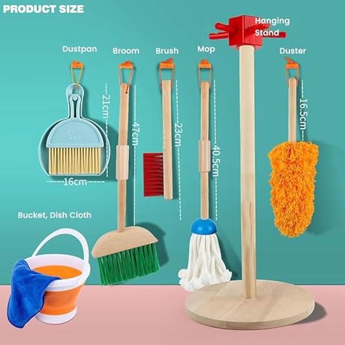 KIDS CLEANING TOY SET, 9 PIECE WOODEN DETACHABLE CHILDREN CLEANING TOYS - BROOM, MOP, DUSTER, BRUSH, DUSTPAN, BUCKET, DISH CLOTH, AND HANGING STAND HOUSEKEEPING KIT - Image 5