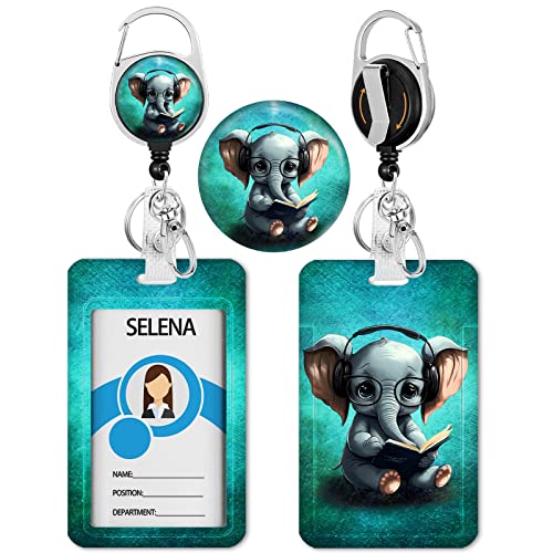 lebrocoli Cute Elephant Badge Holder with Retractable Reel, Id Card Work Badge Holder with Clip Heavy Duty, Vertical Card Name Tag Badge Cover Case Protector for Work Office Nurse Teacher Women Gifts - Image 1