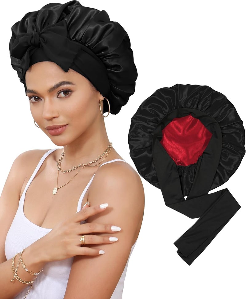 Satin Bonnet Silk Bonnet for Sleeping Silk Sleep Cap Double Layer Hair Bonnet with Elastic Tie Band for Curly Hair Night Cap
