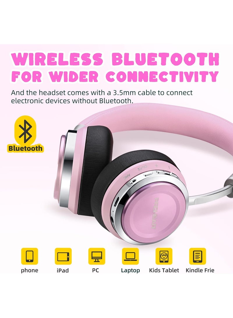 PROHEAR 010 Pro Kids Bluetooth Headphones, Wireless Active Noise Cancelling, 80H Playtime, Safe Volume 85dB, Hi-Fi Audio, Over-Ear, Built-in Mic for iPad/Tablet/Airplane - Pink - Image 3
