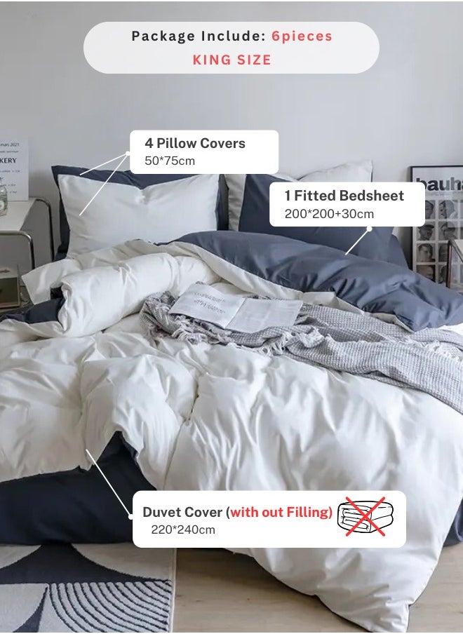 LUNA Home King Size 6 Piece Premium Korean Duvet Cover Set Plain White And Grey  - Image 3
