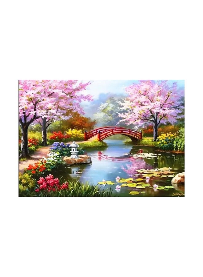 RANUR Diamond Art Kit, 5D Diamond Painting kit,Bridge Peach Tree Spring Pool Lotus Pond 5D Diamond Painting Set, Perfect for Relaxation and Home Wall Decor 30x40 cm - Image 1