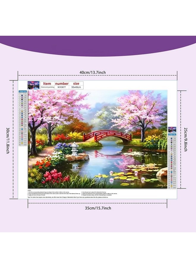 RANUR Diamond Art Kit, 5D Diamond Painting kit,Bridge Peach Tree Spring Pool Lotus Pond 5D Diamond Painting Set, Perfect for Relaxation and Home Wall Decor 30x40 cm - Image 2