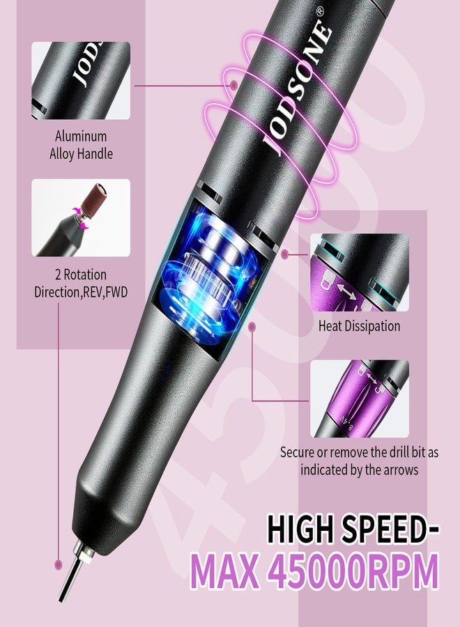 JODSONE Professional Nail Drill 45000 RPM Rechargeable Nail File for Nail Gel Removal Low Noise Portable for Home and Salon - Image 3
