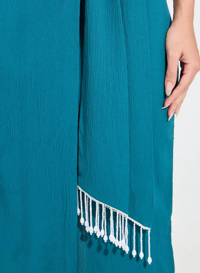 Styli Solid Wrap Maxi Dress with 3/4 Puff Sleeve & Tassels