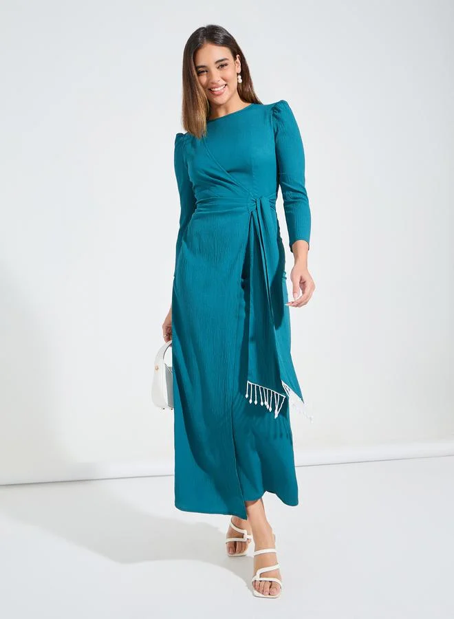 Styli Solid Wrap Maxi Dress with 3/4 Puff Sleeve & Tassels