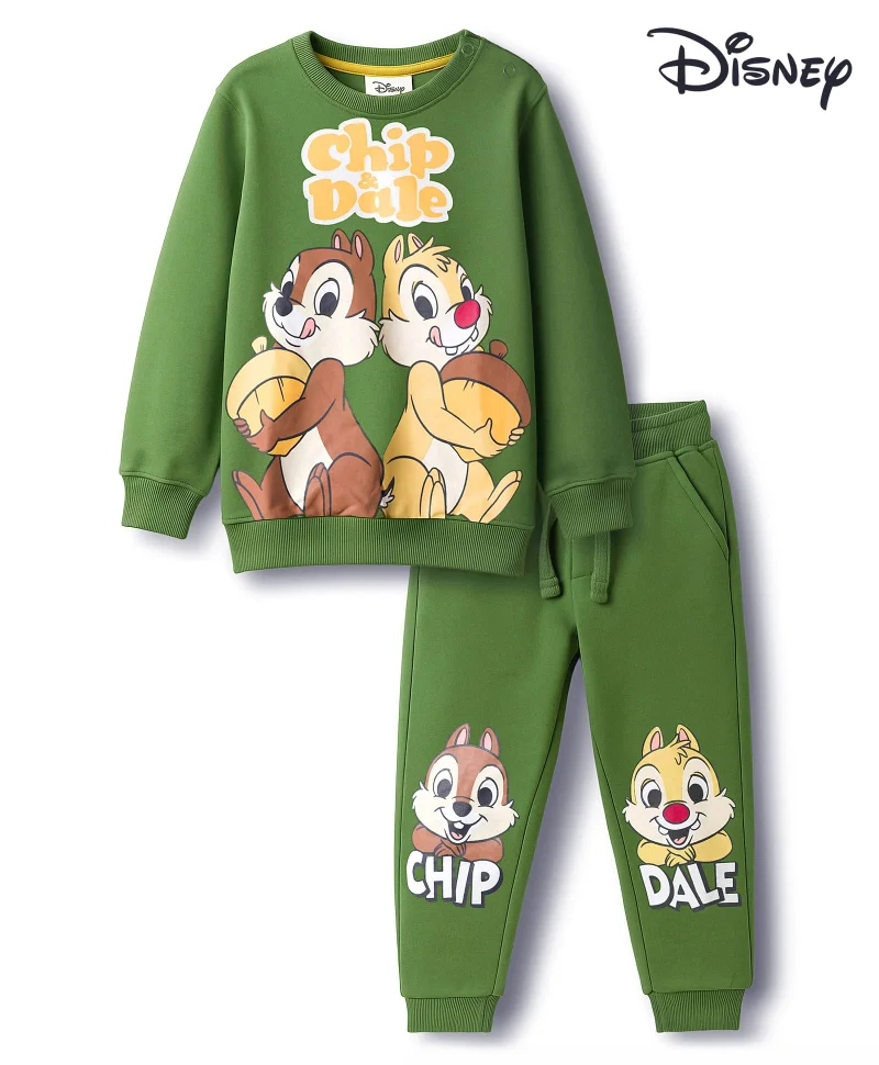 Babyhug Disney Babyhug Disney Single Jersey Knit Sweatshirt & Lounge Pant Set With Chip N Dale Graphic - Olive Green