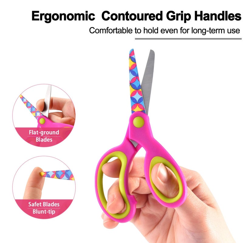 Zicolu Kids Scissors Set, Safety Children Scissors with Blunt-Tip Floral Print Blade and Soft Grip, Great for DIY, Arts, Home, School Classroom Use, Blue/Purple/Yellow - Image 3