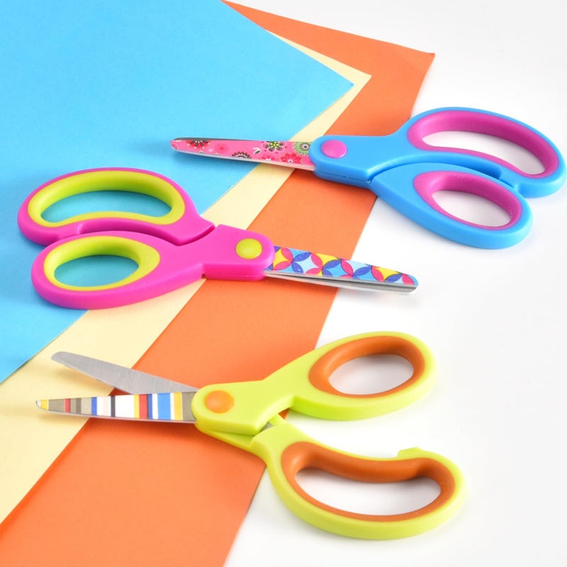 Zicolu Kids Scissors Set, Safety Children Scissors with Blunt-Tip Floral Print Blade and Soft Grip, Great for DIY, Arts, Home, School Classroom Use, Blue/Purple/Yellow - Image 2