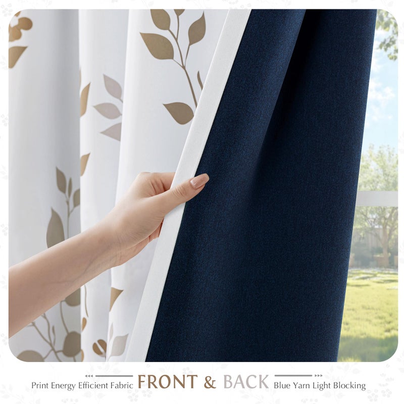 Beauoop Floral 100% Blackout Curtains 72 Inches Long 2 Panels for Bedroom Living Room Tan Brown and White Flower Patterned Room Darkening Thermal Soundproof Grommet Window Treatments Drapes, 52X72 - Image 3