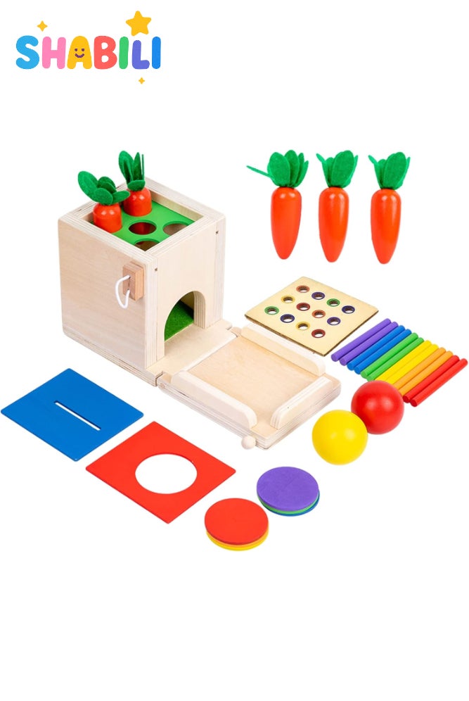 شبيلي صندوق مونتيسوري خشبي 4 في 1 لثبات الكائن مع فرز الأشكال، لعبة تعليمية للأطفال من عمر 1–3 سنوات للبنين والبنات، هدية تعليم مبكر لألعاب المنزل والحضانة (خشب طبيعي) - Image 1