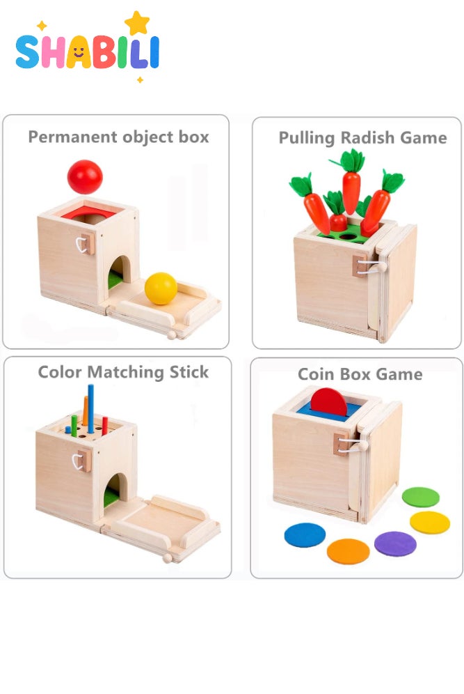 شبيلي صندوق مونتيسوري خشبي 4 في 1 لثبات الكائن مع فرز الأشكال، لعبة تعليمية للأطفال من عمر 1–3 سنوات للبنين والبنات، هدية تعليم مبكر لألعاب المنزل والحضانة (خشب طبيعي) - Image 3