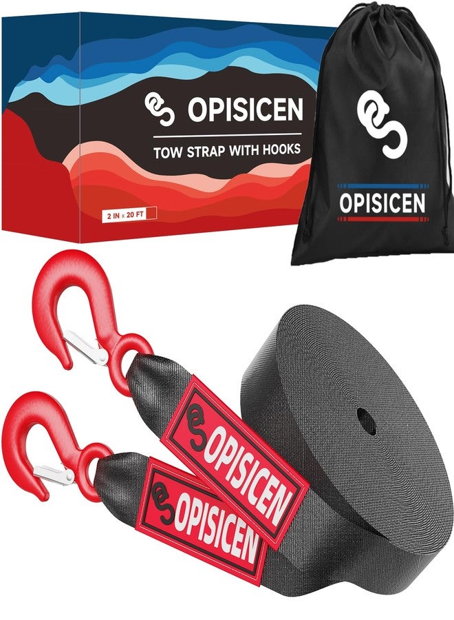 OPISICEN Tow Strap with Hooks 2 Inch x 20 Foot - 12,000lbs Breaking Strength Emergency Heavy Duty Capacity Tow Rope Forged Steel Hooks for Car Truck Jeep ATV SUV, Roadside Recovery (Black, 2" x 20') - Image 1