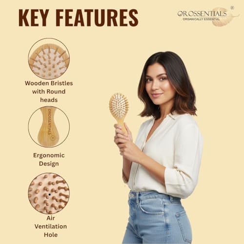 OROSSENTIALS Bamboo Hair Brush with bamboo bristles | Wooden Hair Unisex | Wooden Brush for Hair Small Hairbrush for Women | Paddle Hair Brush Paddle Brush for Women Travel Friendly - Image 3