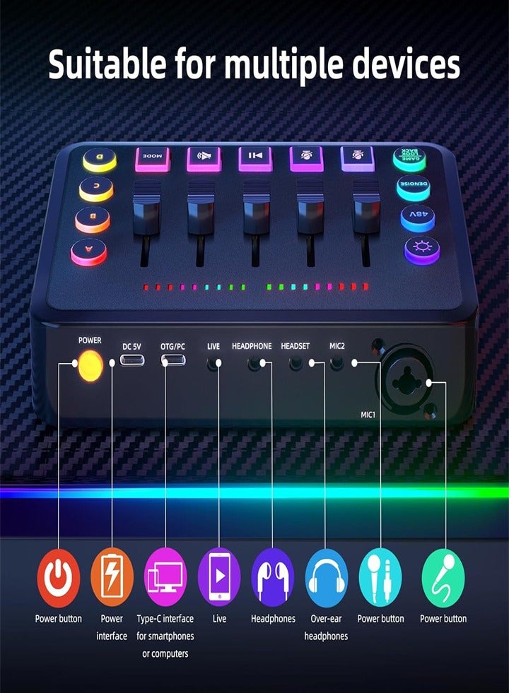 Game Audio Mixer, Streaming Mixer, Audio Fader, Power Supply for Live/Mobile/Streaming/Recording/TikTok, with Tripod Microphone (Black)  - Image 2