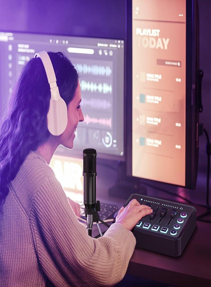 Game Audio Mixer, Streaming Mixer, Audio Fader, Power Supply for Live/Mobile/Streaming/Recording/TikTok, with Tripod Microphone (Black)  - Image 4
